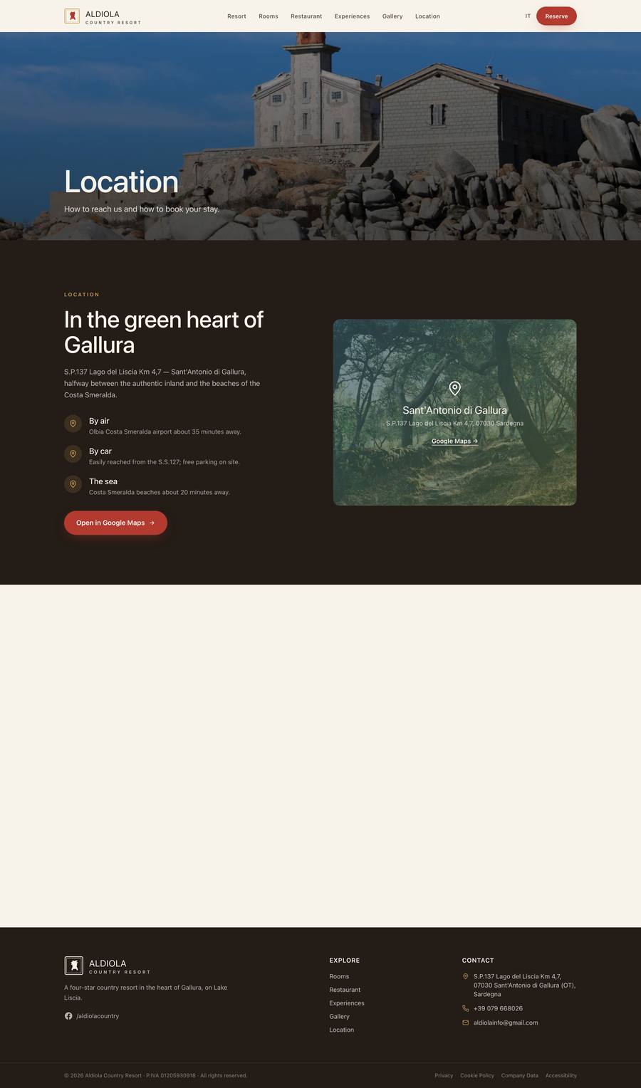 Aldiola Country Resort — Contact (desktop), rebuilt